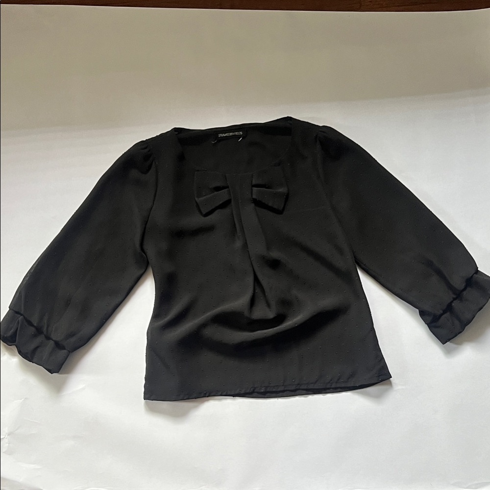 Women’s Black Bow-Front Blouse with Three-Quarter Sleeves